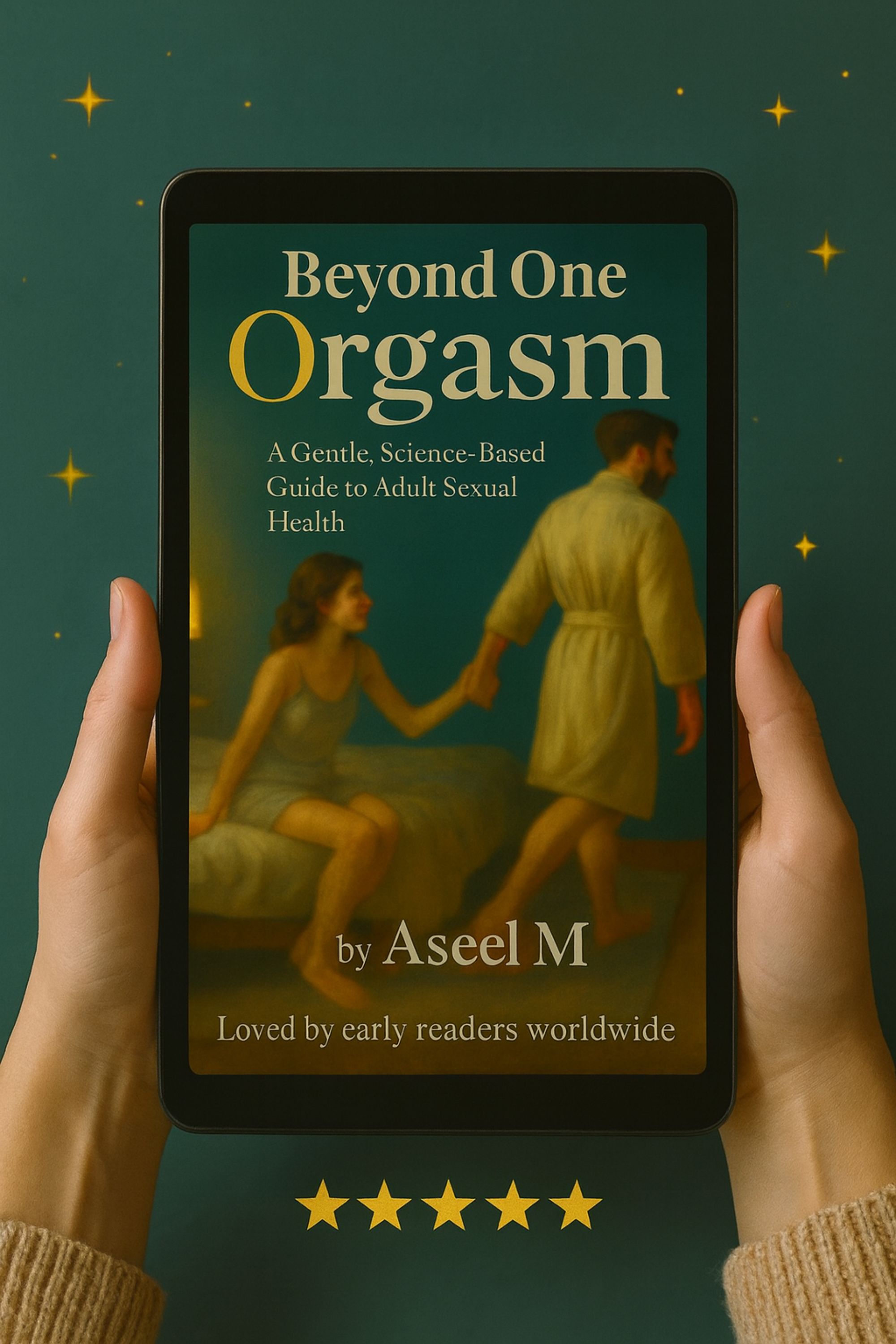 Reader holding tablet showing Beyond One Orgasm cover with five-star rating